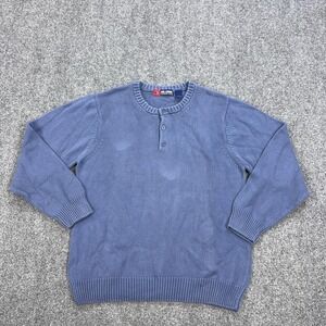 Reel Legends Sweater Mens XL Blue Henley Crewneck Cotton Knit Pullover Casual
